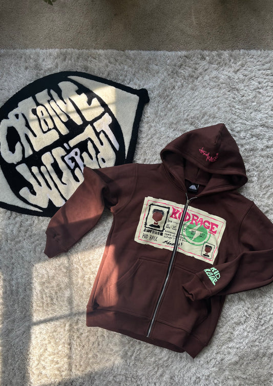 "License" Zip Up Hoodie - Brown